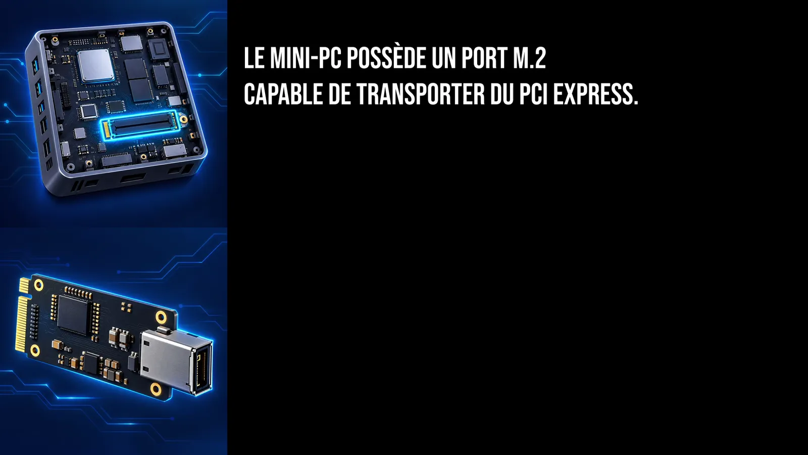 Schéma : le port M.2 du mini-PC reçoit un adaptateur M.2 vers OCuLink