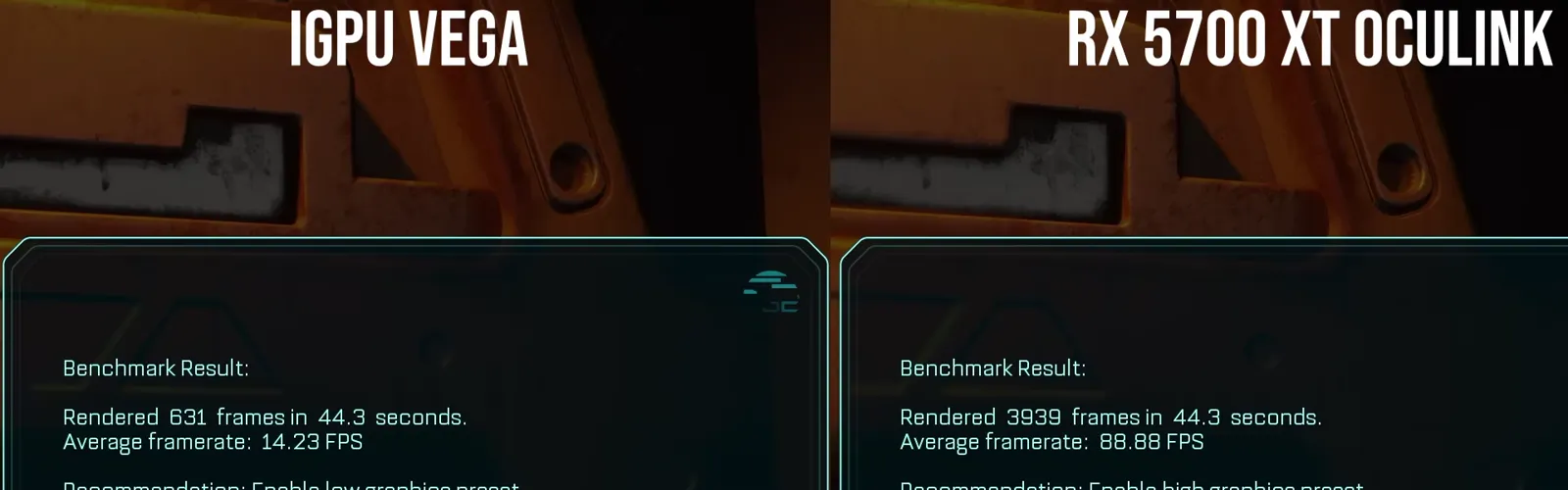 Résultats du benchmark The Callisto Protocol : 14,23 FPS avec le Vega, 88,88 FPS avec la RX 5700 XT