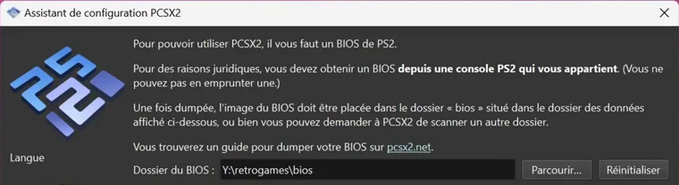 Étape Image de BIOS de l'assistant PCSX2, qui rappelle que le BIOS doit provenir de votre propre console