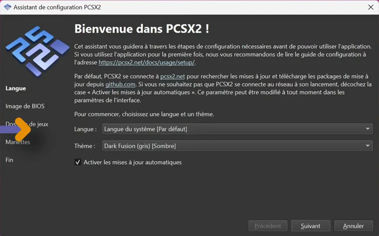 Assistant de configuration PCSX2 : choix de la langue et du thème