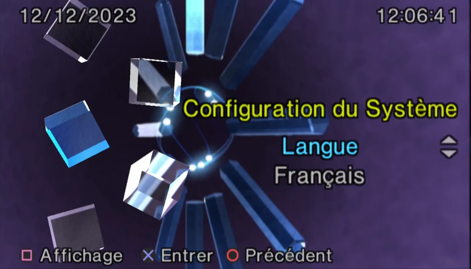 Écran de configuration du système de la PS2 émulée avec la langue réglée sur Français