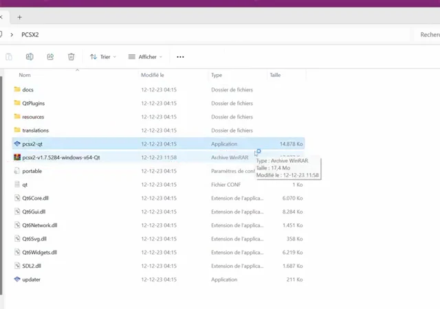 Explorateur Windows montrant le contenu extrait de PCSX2 avec le fichier pcsx2-qt sélectionné