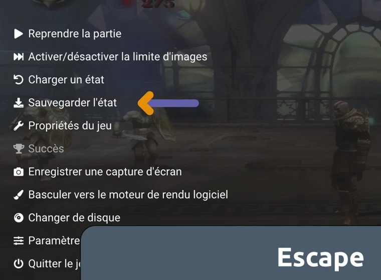 Menu pause de PCSX2 avec les options Charger un état et Sauvegarder l'état
