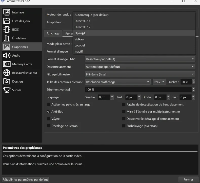 Paramètres graphiques de PCSX2 : menu déroulant du moteur de rendu avec Direct3D, OpenGL et Vulkan