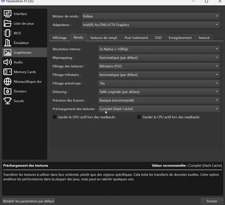 Onglet Rendu de PCSX2 avec la résolution interne 3x Native (~1080p) et le filtrage anisotrope 16x