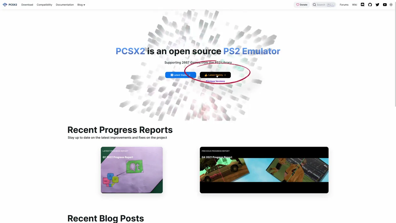 Page d'accueil du site officiel pcsx2.net avec les boutons de téléchargement