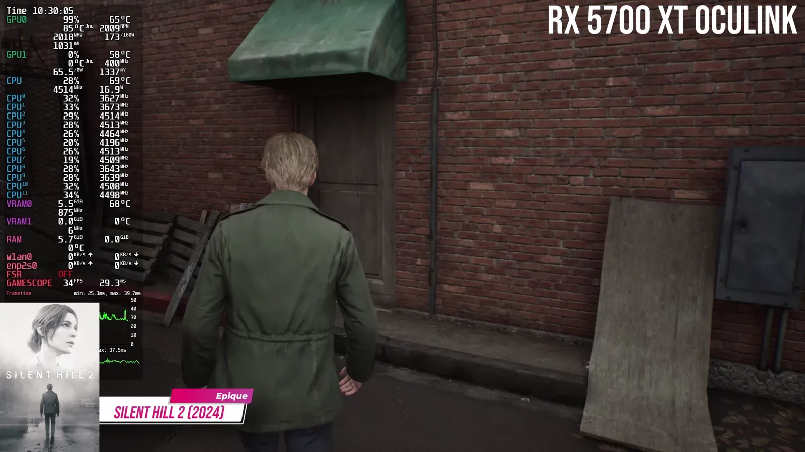 Silent Hill 2 en preset Épique sur RX 5700 XT en OCuLink avec compteur de FPS